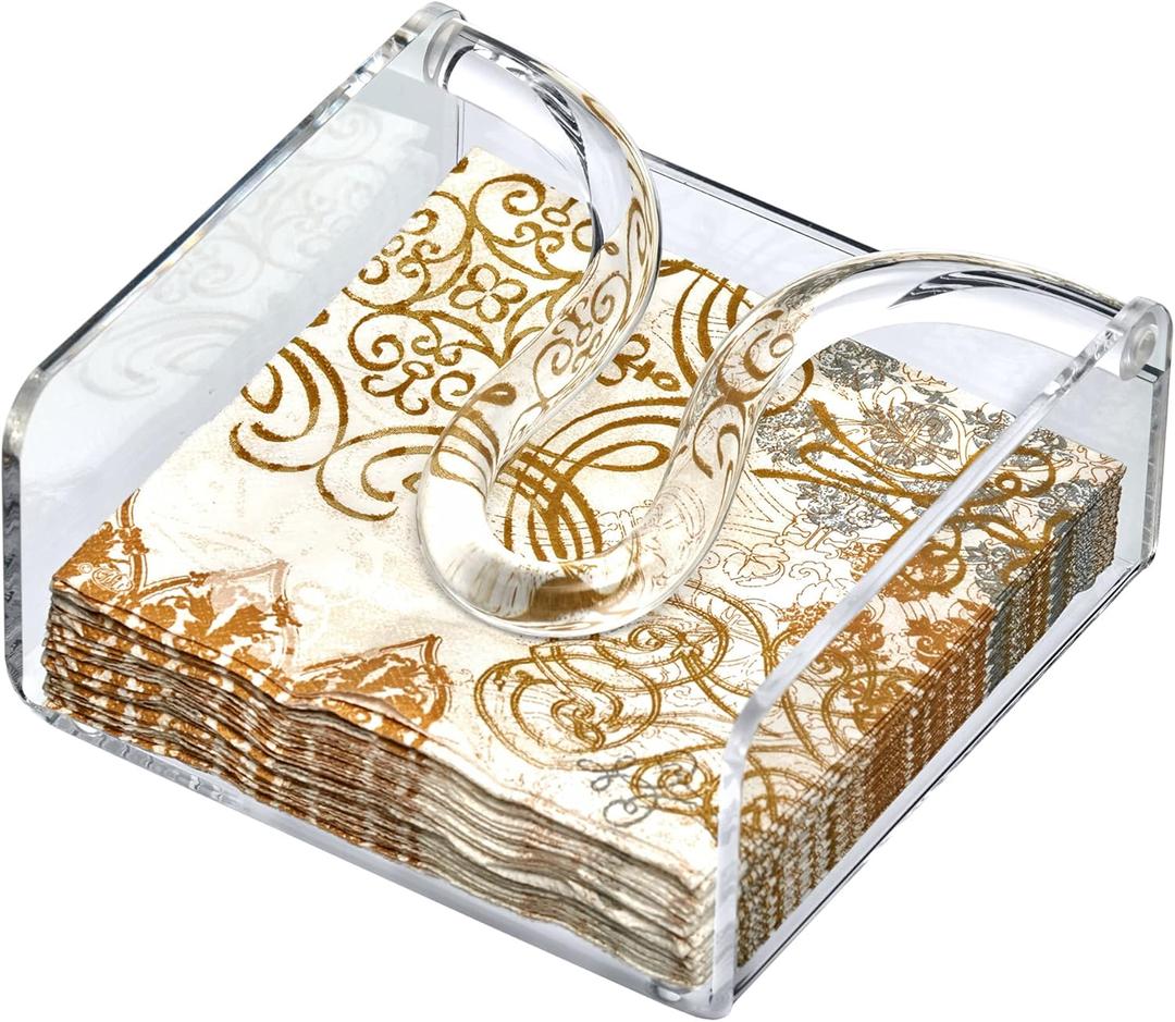Amazing Abby Acrylic Cocktail Napkin Holder (5.0"x5.0"), Clear Plastic Napkin Dispenser with Weighted Arm and Non-Slip Pads, Great for Kitchen Counter, Dining Table, Bathroom Vanity, and More