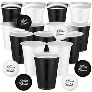 22 Pcs Wedding Game Party Groom or Bride Set 16 oz Black White Beer Plastic Cups with 8 Balls Party Game for Indoor Outdoor Event Fun House Parties Favors