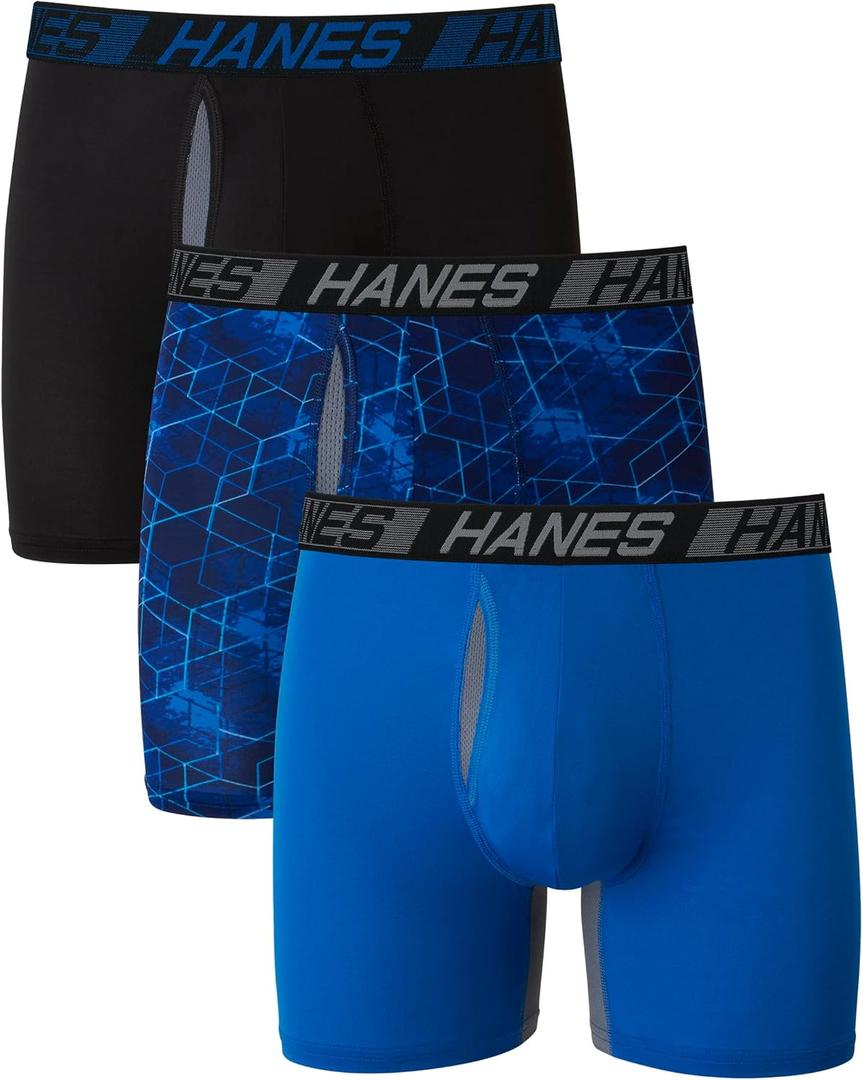 Hanes Men's Anti-Chafing, 3 Pairs, Cool & Breathable Cotton Pouch Underwear, Moisture-Wicking Boxer Briefs (Medium, Blue/Black)