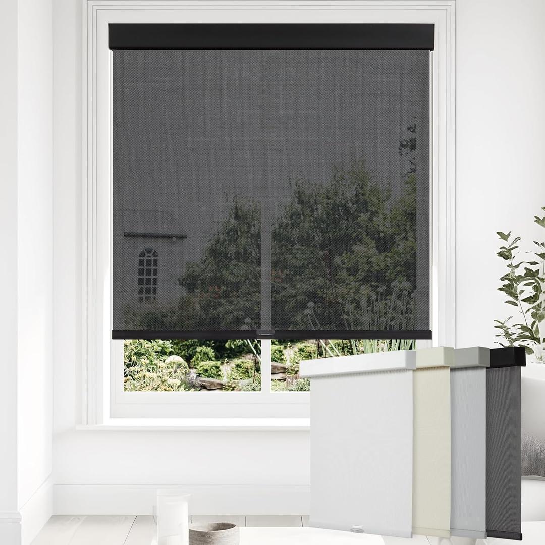 Persilux Free-Stop Cordless Solar Blinds for Window Shades Light Filtering Roller Shades (34" W x 72" H) UV Protection Flame Retardant 5% Openness Sheer Shades for Windows Patio Easy to Install Black