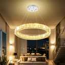 Flashing God W24 Crystal Chandelier LED Round Flush Mount Ceiling Light Fixture Modern Hanging Pendant Lighting Ring Chandeliers for Dining Room Kitchen Island Hallway