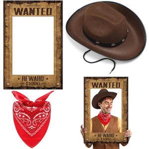 3 Pcs Western Cowboy Party Decorations Include 1 Western Wanted Photo Fun Frame, 1 Studded Cowboy Hat, 1 Square Scarf for Women Men Adult, West Rustic Party Accessories