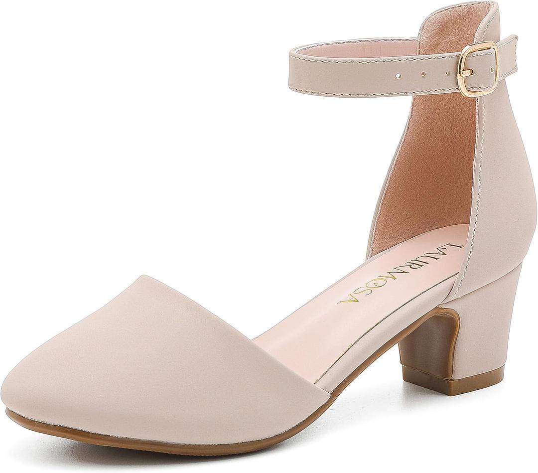 LAURMOSA Nude Pumps Shoes for Girl Closed Toe Low Heels Comfortable Girls Dress Shoes Flower Sandals Wedding Party Elegance Mary Jane Ankle Strap Chunky Block Heels for Little Big Kids(L1012Nude 3)