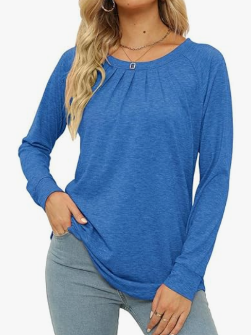 JomeDesign Womens Tops Long Sleeve Crew Neck Shirts Loose Casual Blouse Fall Clothes (Small, Blue)