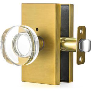 Privacy Door Knob with Lock - Crystal Glass Interior Door Handle for Bedroom Bathroom Closet - Antique Brass, 1 Pack