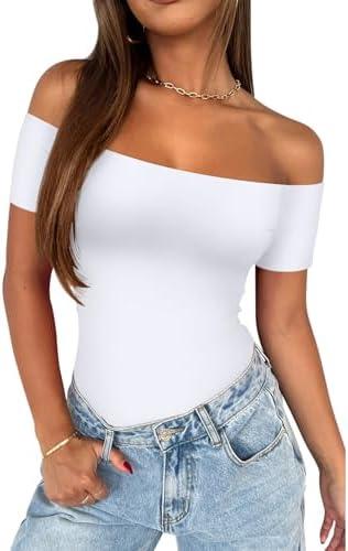 REORIA Women Sexy Off The Shoulder Short Sleeve Backless Basic Double Lined Thong Bodysuit Tops 2XL