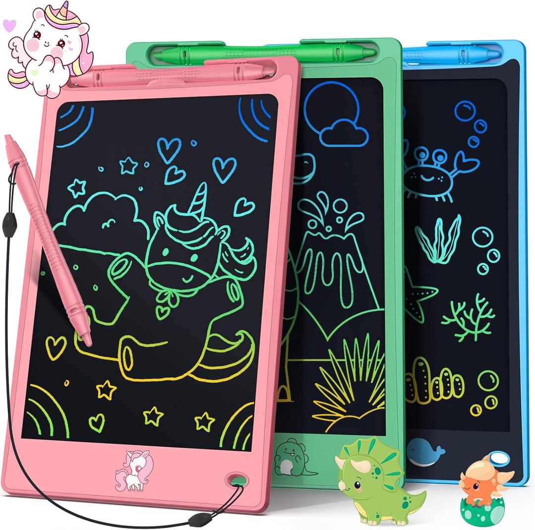 FLUESTON LCD Writing Tablet for Kids,Drawing Tablet for Boys Girls 3 4 5 6 7 8 Year,8.8 Inch 3pcs in 1 Pack Drawing Pad Toy Birthday Gifts for Toddler, Educational Doodle Board Cute Dinosaur Unicorn (Pinkgreenblue)