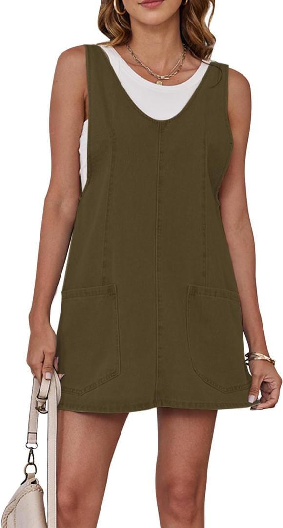 Womens High Roller Overalls Denim Dress Loose Casual Sleeveless Mini Pinafore Jean Romper Skirtall with Pockets (Green)