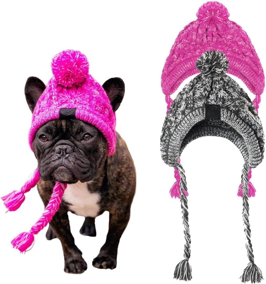 Dog Winter Hats 2pcs for Small Medium Dogs Pets Hand-Knitted Warm Hat with Ear Holes and Adjustable Straps Pink+Grey (Large)