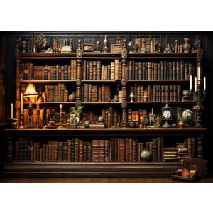 LYWYGG 7X5FT Vintage Bookshelf Backdrop Retro Library Wall Photography Backdrops Classical Study Room Medieval Castle Theme Party Decorations Banner CP-613