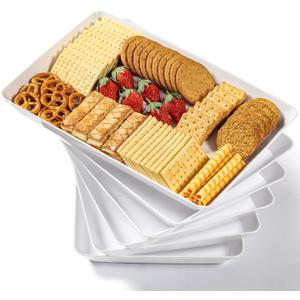 Pack of 6, 16" x 11" Large White Serving Trays Set - Reusable Plastic Serving Platters for Cookie, Appetizer, Charcuterie, Snack, Dessert, Party Food Display - Stackable Kitchen Counter Top Tray, BPA Free