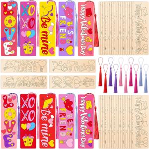 200 Pcs Valentine's Day DIY Heart Bookmark Bulk Kits, Wood Valentine's Day Color Your Own Craft Bookmarks Bulk with Tassels, Personalized Bookmark Gift for Men Women