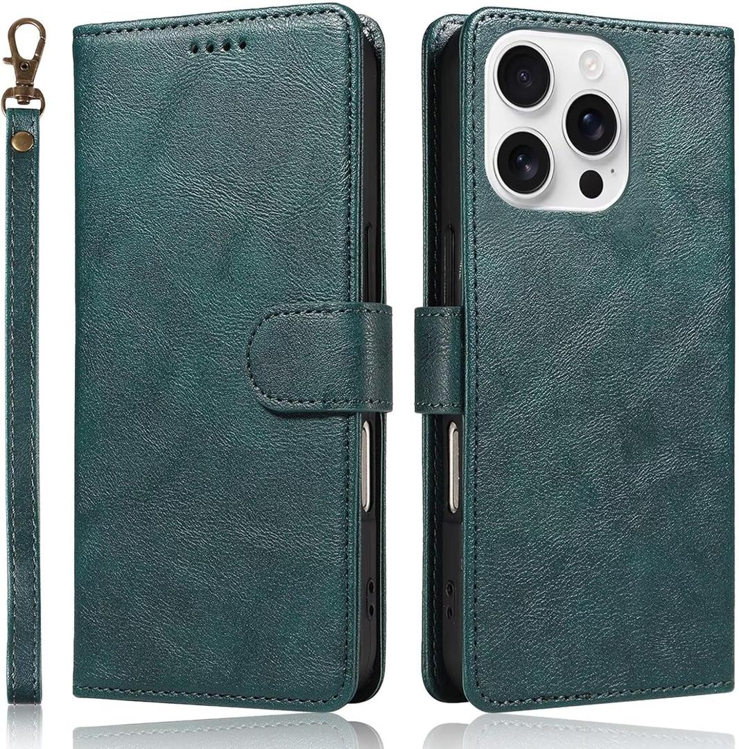for iPhone 16 Pro Wallet Case with 3 Card Slot, 3 in 1 PU Leather Kickstand RFID Blocking Phone Cover Magnetic Flip Phone Case, Sturdy & Shockproof Phone Case with Wrist Strap - Green