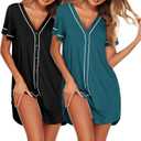 Ekouaer Nightgowns for Women 2 Pack Button Down Sleep Shirts Short Sleeve Night Shirts V Neck Sleepwear Soft Pajama Dress (Small, Black/Peacock Blue)