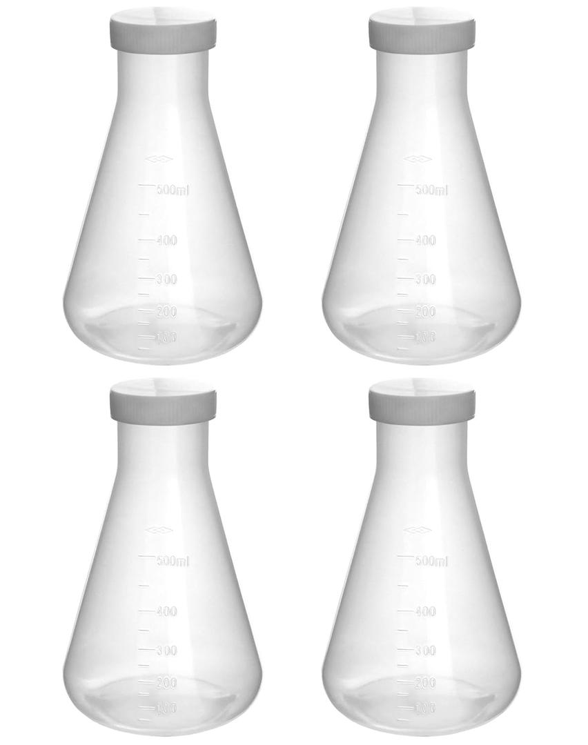 QWORK Erlenmeyer Flask, 4 Pack 17oz / 500ml Narrow Neck with Screw Cap, Molded Scale, Autoclavable, White