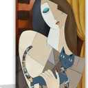 Picasso Style Woman with Cat Wall Art – Abstract Cubist Canvas Painting – Modern Home Décor Wall Art Prints – Gallery Wrapped Canvas Picture for Living Room Bedroom Office – 16x24
