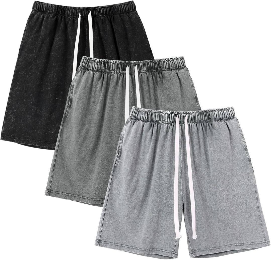 Gihuo Mens Sweat Shorts Cotton Athletic Shorts Vintage Acid Wash Drawstring Workout Shorts (Medium, Black, Dark Grey, Light Grey)