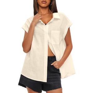 Darong Women's Button Down Cuffed Short Sleeve Shirts Cotton Casual 2025 Summer Loose Fit Blouse Top (Beige, M)