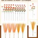 Faux Fall Flowers Artificial Mums 10 Stems +10 Branches Pampas Grass,Long Stems Silk Flowers Autumn Home Decor,Fake Floral Pompon For Table Vase Filler,Halloween Centerpieces,Wedding Arrangements