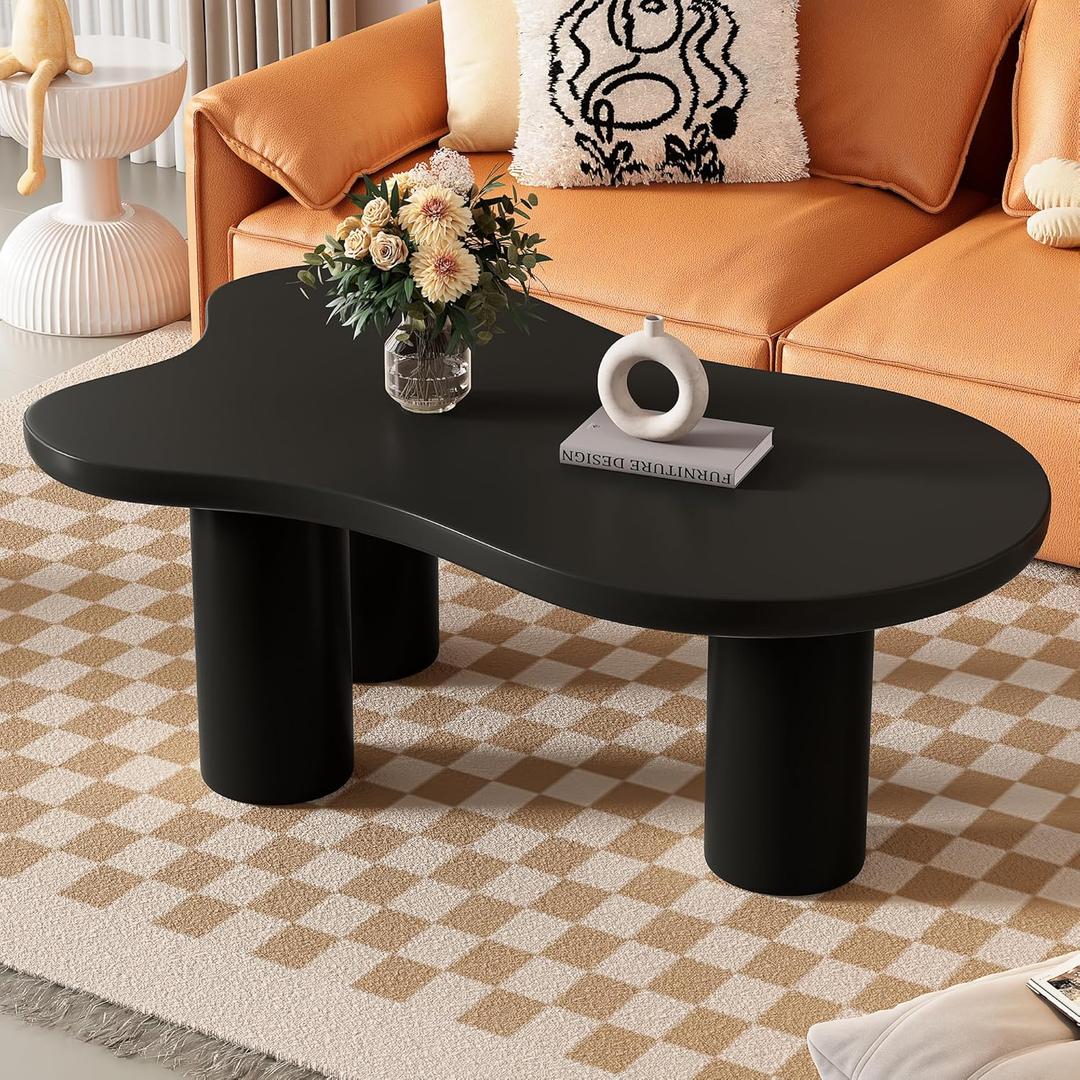 Merax 44" Cloud-Shaped Wooden Coffee Table Cream Style CenterTable with 3 Thick Legs,Minimalist Irregular EndTable (Black)