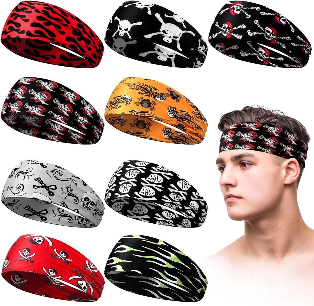 Men's Sweatbands for Workout and Sports - Camo Headband, Sweat Absorbing Wide Headband for Basketball, Football, Cycling, Running, Yoga, 4.7 x 9.8 Inch (Skull Style)