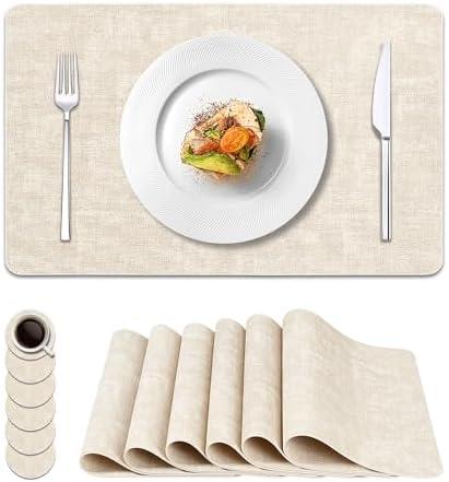 Vinyl Placemats Set of 6, Faux Leather Waterproof and Heat Resistant Place Mats, Washable Anti-Slip Table Mats with Coaster, Wipeable Placemats for Indoor & Outdoor 17" x 12" (Beige, Set of 6)