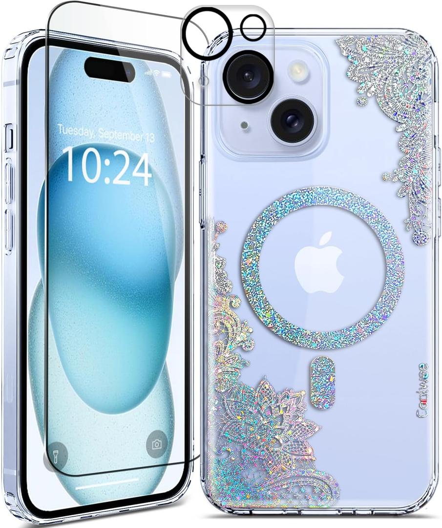 Coolwee Clear Glitter for iPhone 15 Plus Case Magnetic, Compatible with MagSafe, Thin Flower Slim Cute Crystal Lace Bling Women Floral Hard Back Soft TPU Bumper Protective Cover Mandala Henna