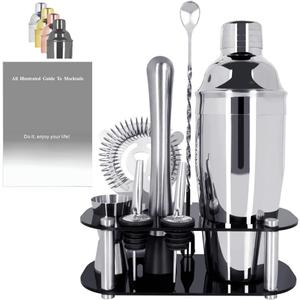 9Pcs Cocktail Shaker Set, Bartender Kit, Cocktail Shaker with Stand, Drink Mixing Includes Shakers,Strainer,Jigger,Bar Mixer Spoon,Muddler, Pourer, Bar Tool Set  (Silver)