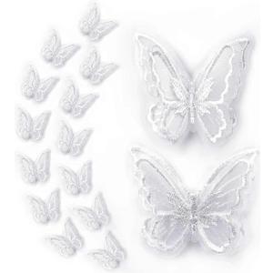 16pcs Butterfly Lace Trim, Double Layers Organza Butterfly Lace Fabric Embroidery Sewing DIY for Wedding Bride Hair Dress Hat Accessories (White)