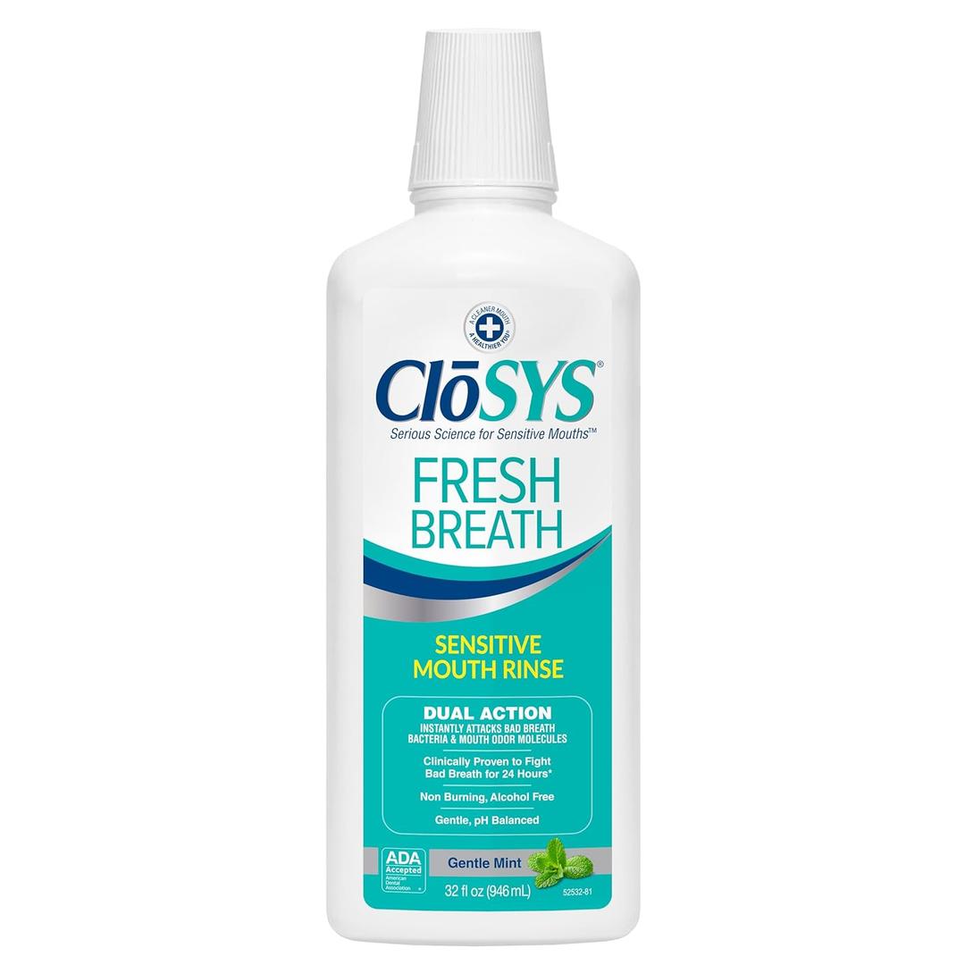 CloSYS Mouthwash, 32 Ounce, Fresh Breath Mouthwash, Gentle Mint, Alcohol Free, Dye Free, pH Balanced Mouth Wash, Helps Soothe Entire Mouth, Fights Bad Breath (32 Fl Oz (Pack of 1))