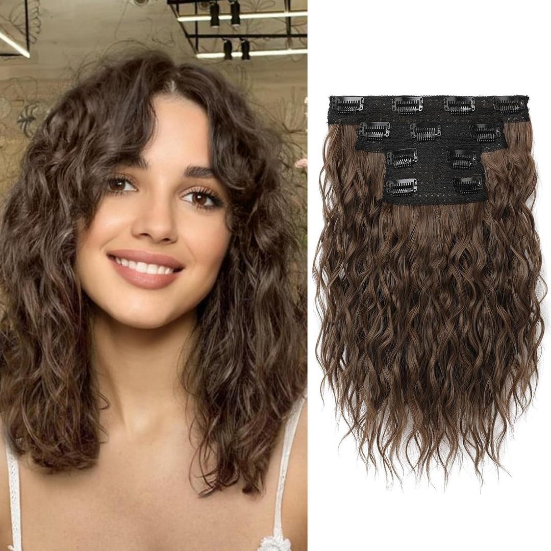 REECHO Clip in Hair Extensions - 4PCS 12" Short Curly Wavy Brown Hairpieces - Invisible Lace Weft - Natural Soft - Ginger Brown