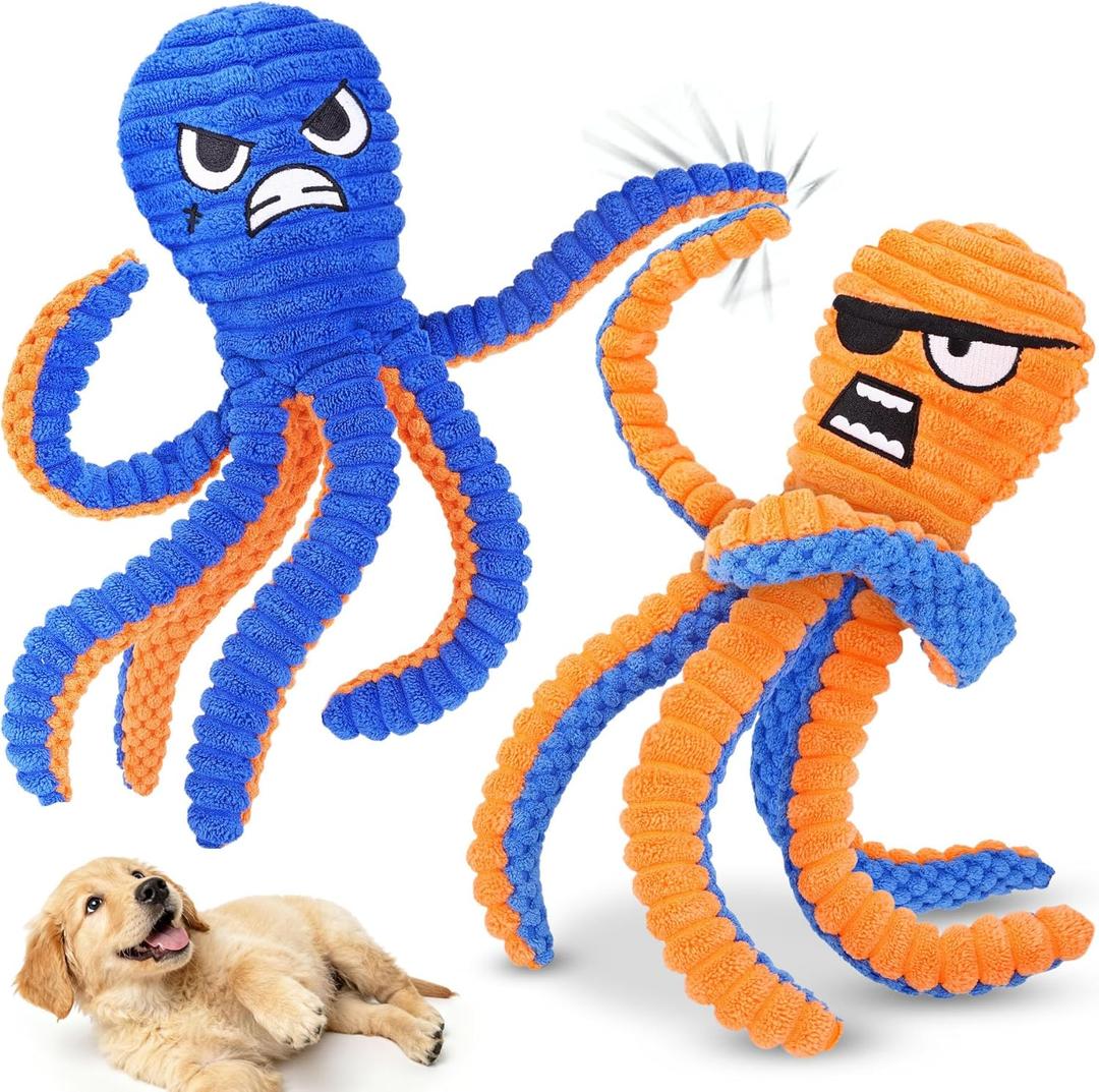 Zeaxuie Dog Toys for Aggressive Chewers, 2 Pack No Stuffing Interactive Dog Toys for Teething, Squeaky Chew Toy to Keep Them Busy for Small and Medium Breed, Crinkle Octopus (Orange & Blue)