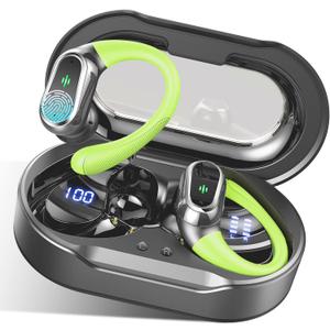 Wireless Earbuds, Bluetooth 5.4 Headphones Sport, Bluetooth Earbuds with ENC Noise Canceling Mic, 50H Stereo Wireless Headphones IP7 Waterproof with Earhooks, Dual LED Display for Running, Dark Green