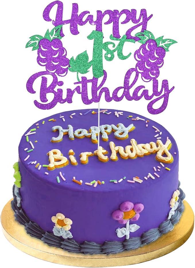 4 Pcs BEISHIDA Happy Birthday Cake Topper Grape Birthday Cake Decoration Purple Glitter 1st 2nd 3rd Cake Topper Fruit Themed Birthday Party For Boys Girls Party Supplies (Grape)