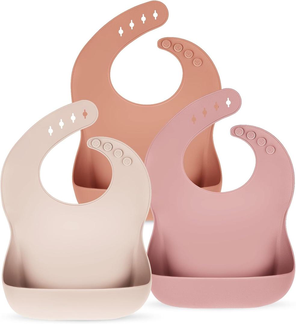 Silicone Bibs for Babies Toddler Set of 3, BPA Free, Soft Adjustable Waterproof Bibs for Feeding Essentials (Pink)
