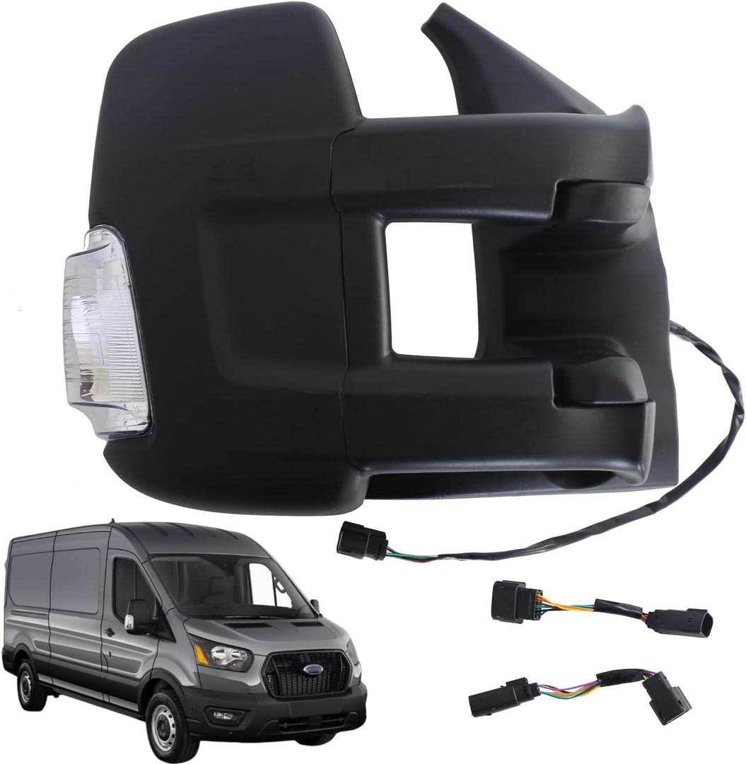 Marretoo Passenger Right Side Door Mirror replacement for 2015-2025 Ford Transit 150 250 350 350 HD Cargo Van 6 pins Power Glass,Heated,Signal Light Textured Black Extended Long Arm FO1321630
