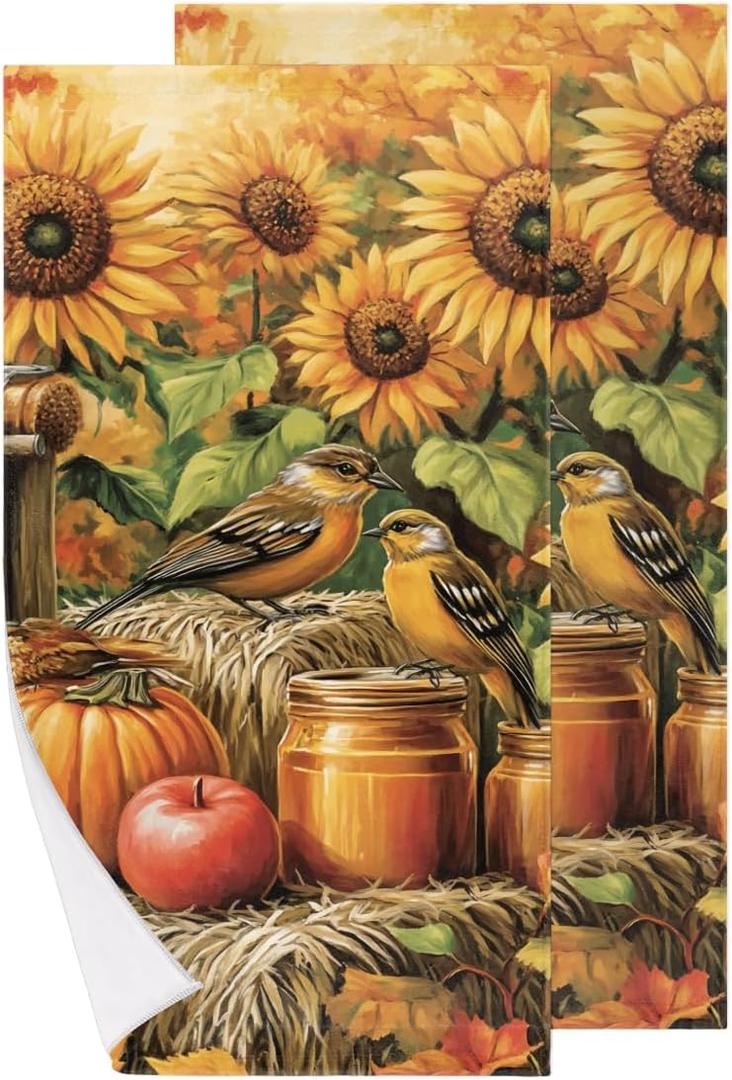 2 Piece Autumn Pumpkin Apples Hand Towels Set Sunflower Birds Bath Towel Soft Absorbent Bathroom Towels for Hotel Gym Spa Yoga Swim Sport, 28.3 x 14.4 inches