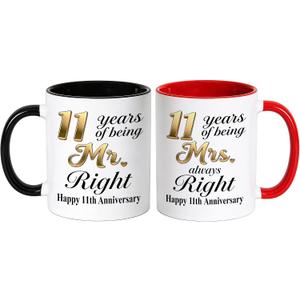 11 Year Wedding Anniversary Couple Gifts - Mr Right Mrs Always Right 11oz Coffee Mugs Set of 2, 11th Anniversary Party Decor Gifts for Parents Wife Husband Lovers Aunt Uncle(11Y)