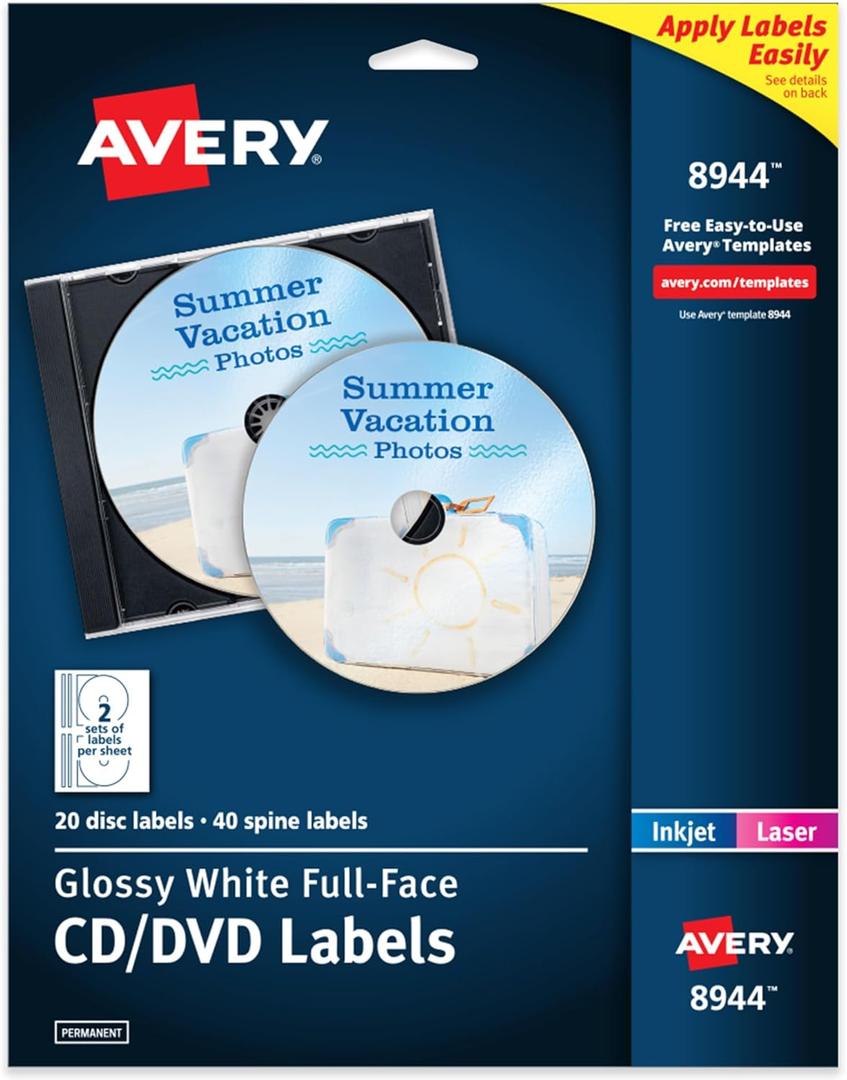 Avery Printable Full-Face CD Labels, Glossy White, Permanent Adhesive, Laser/Inkjet Printable, 20 Disc & 40 Spine Labels, Ideal for CDs, DVDs, PC Discs, Media Projects & More (8944) (One Size)
