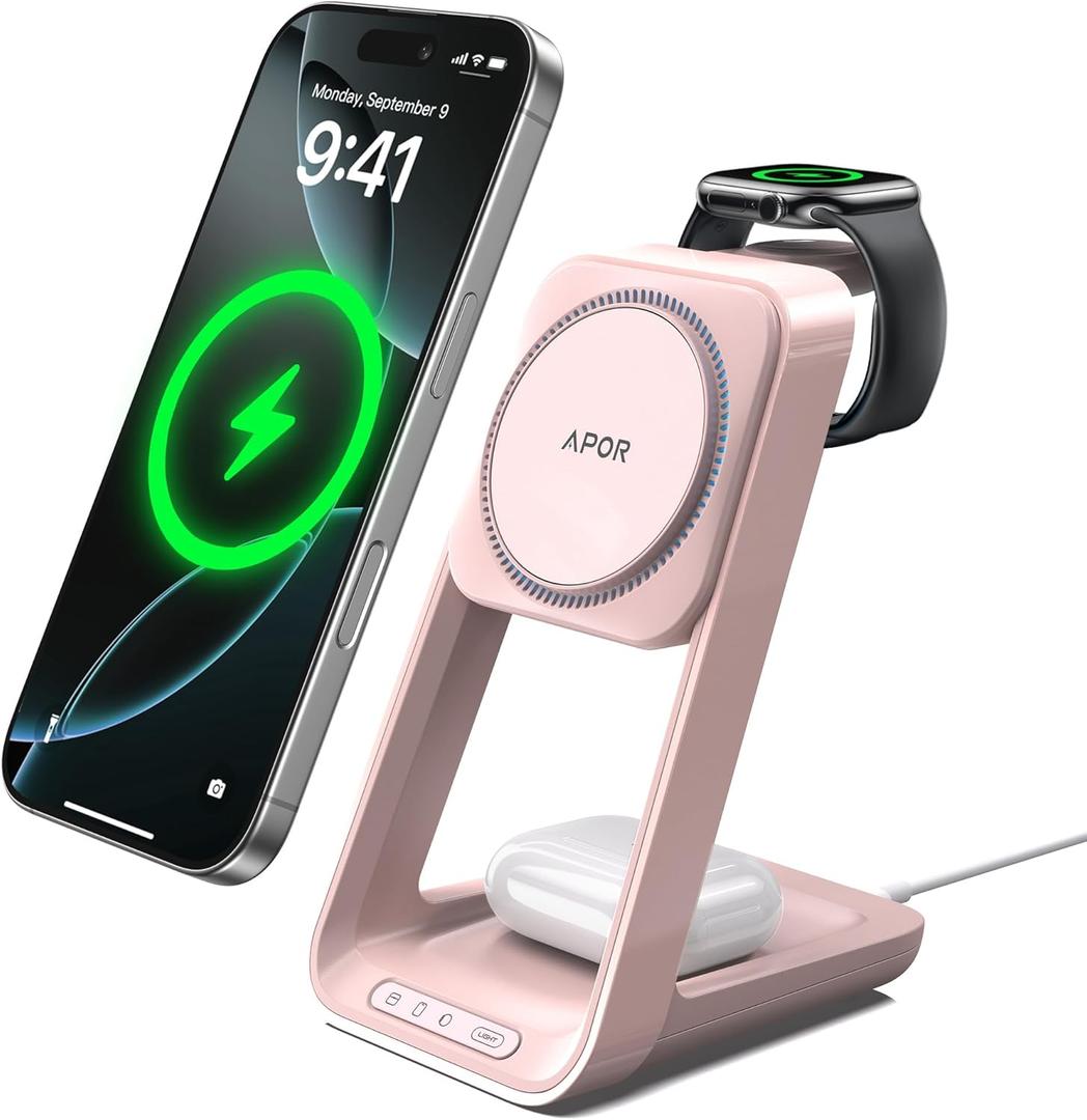 3 in 1 Charging Station for iPhone, for Magsafe Wireless Charger with Cooling Fan for iPhone 17 16 15 14 13 12 Series & Apple Watch Charger, Wireless Charging Station for AirPods 4/3/Pro (Pink)