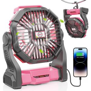 Camping Fan with LED Lantern, 15000mAh Portable Rechargeable Battery Powered Table Fan with Hook, Camping Gear for Picnic, Fishing, Car or Hurricane Power Outages (Pink)