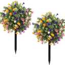 Artificial Topiary Bushes with Ground Spike Set of 2, Faux Boxwood Ball Trees for Outdoor, Fake Shrubs Bushes Decorations for Indoor Front Porch Garden - UV Resistant Faux Plants - Multicolor Flowers