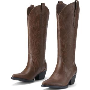 Rollda Cowboy Boots for Women Cowgirl Boots Embroidered Knee-High Western Boots Pointy Toe with Chunky Heel Bronze Size 8.5