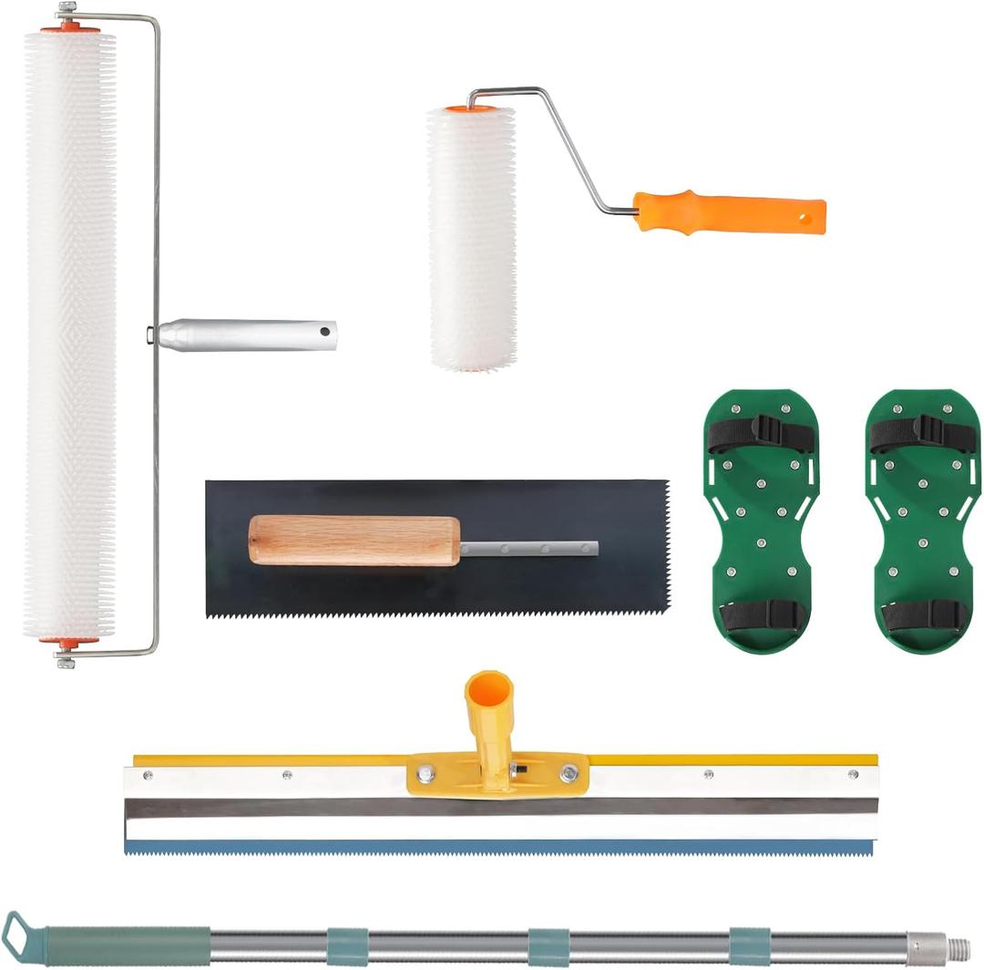 Self Leveling Tool Kits, Floor Rollers with Extensions Stainless Steel Trowels Self Leveling Rakes Shoes with Spikes Epoxy Flooring Tools Cement Concrete Self Leveling Tool Kits (7PCS)