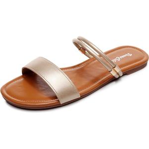VenusCelia Women's Double Straps Wide Flat Sandal (7 W US,Gold)