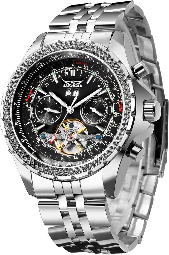 Gute Mens Watches, Mechanical Automatic Stainless Steel Waterproof Watch for Men, Luxury Big Face Multi Functional Tourbillon Calendar Wristwatch (Silver)