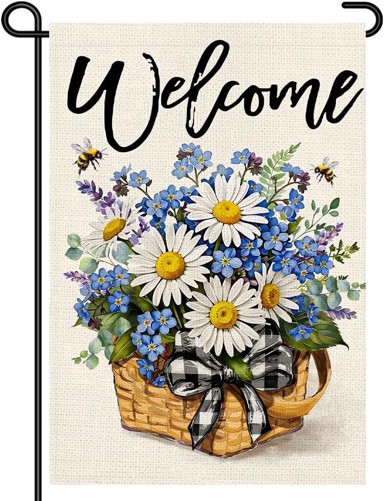 Spring Welcome Daisy Flower Basket Garden Flag 12x18, Rustic Spring Floral Yard Decor, Double Sided Burlap Outdoor Welcome Flag for Porch Lawn Patio DF117