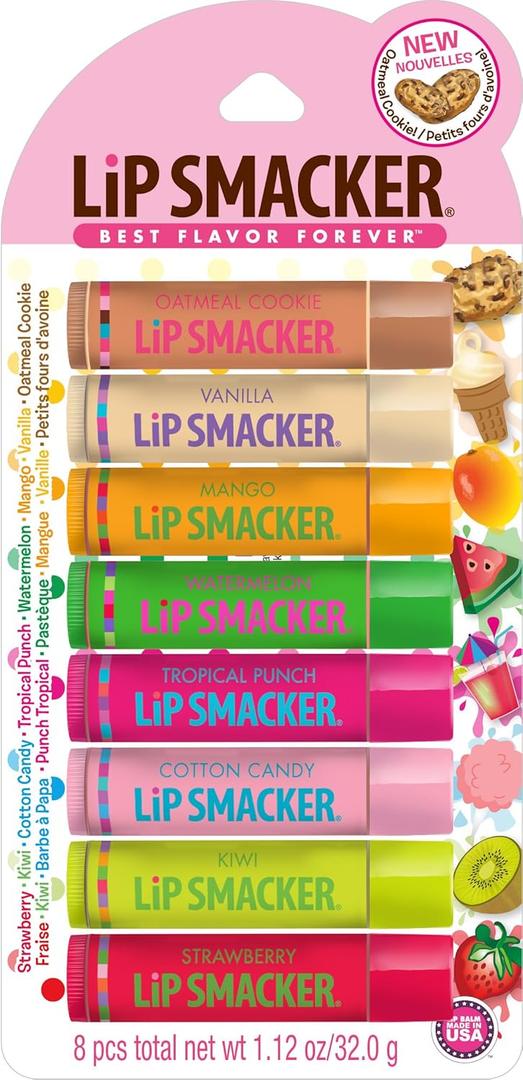 Lip Smacker Original & Best Holiday Flavored Lip Balm Party Pack, Oatmeal Cookie, Vanilla, Mango, Watermelon, Tropical Punch, Cotton Candy, Kiwi, Strawberry, Clear (1 Count (Pack of 8))