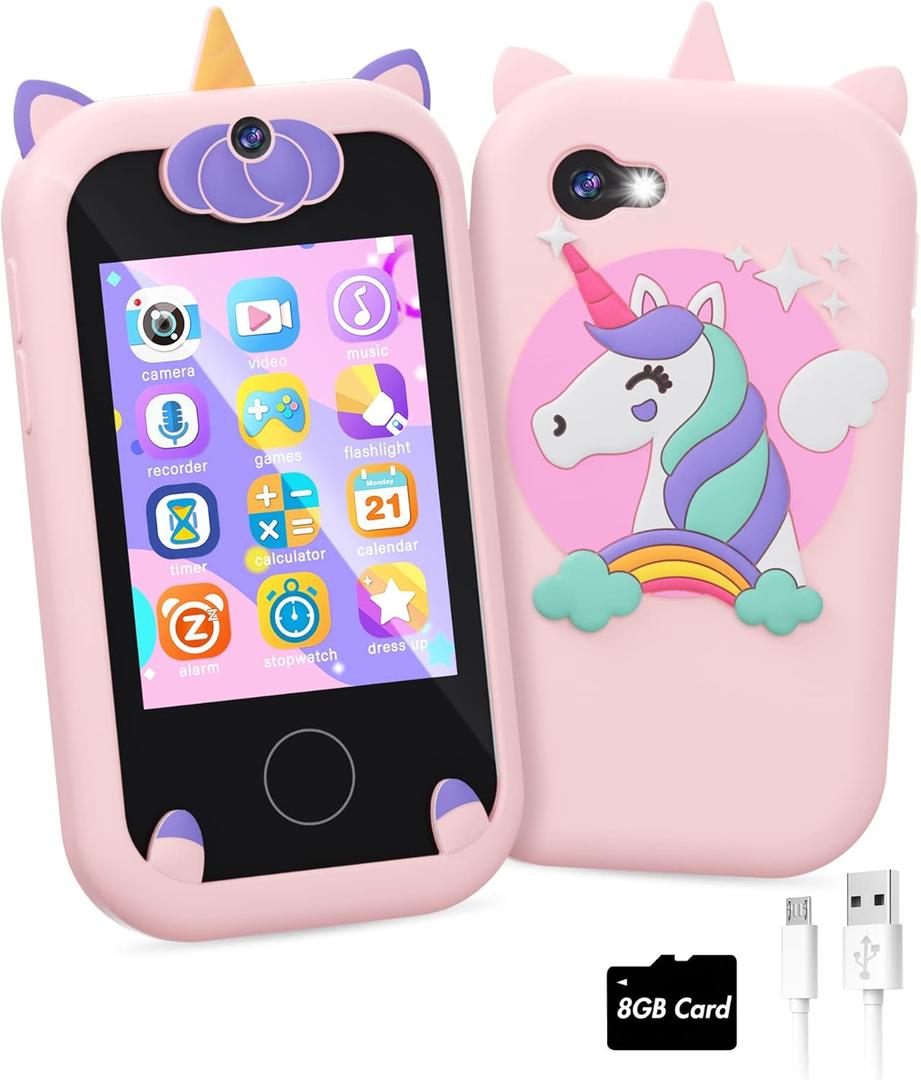 Kids Smart Phone for Girls Unicorns Gifts for Girls Toys 8-10 Years Old Phone Touchscreen Learning Toy Christmas Birthday Gifts for 3 4 5 6 7 8 9 Year Old with 8G Memory Card