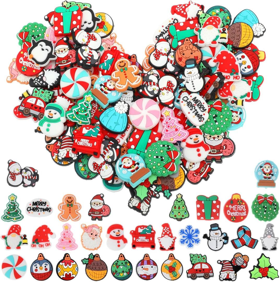 Suncalla 72 Pcs Christmas Silicone Focal Beads for Pens Christmas Character Beads Bulk for DIY Beadable Keychain Making Necklace Bracelet Jewelry Crafts Making Kit Supplies Xmas Party Holiday Gifts